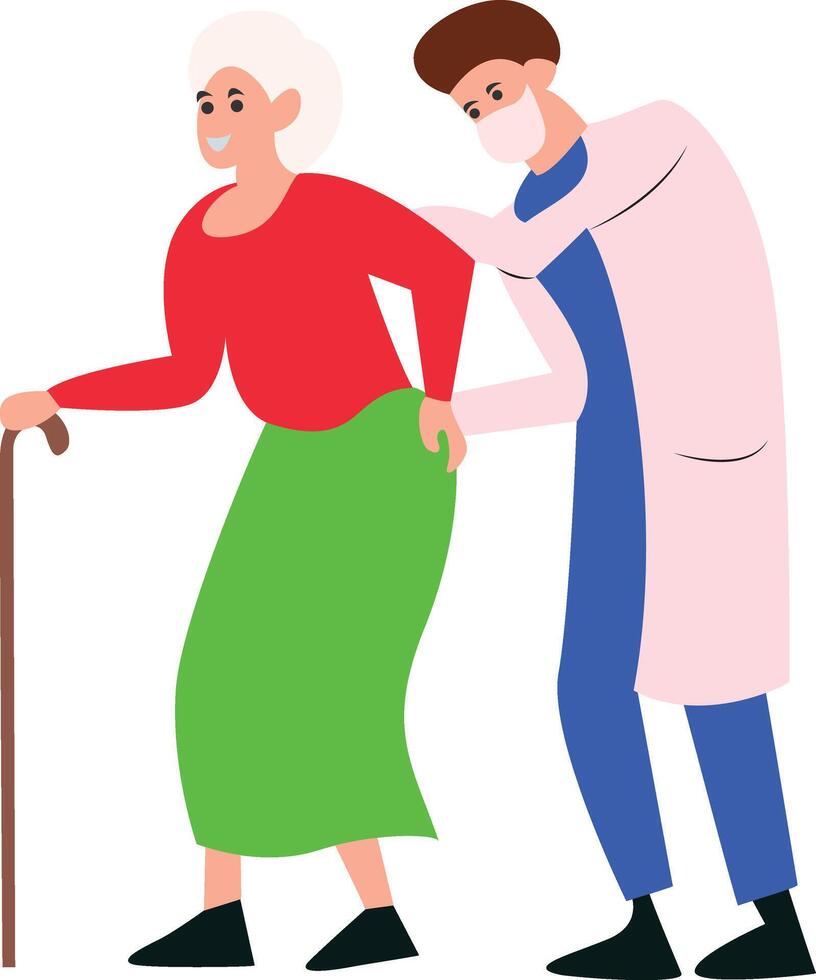 An elderly woman is helping a man with a cane vector