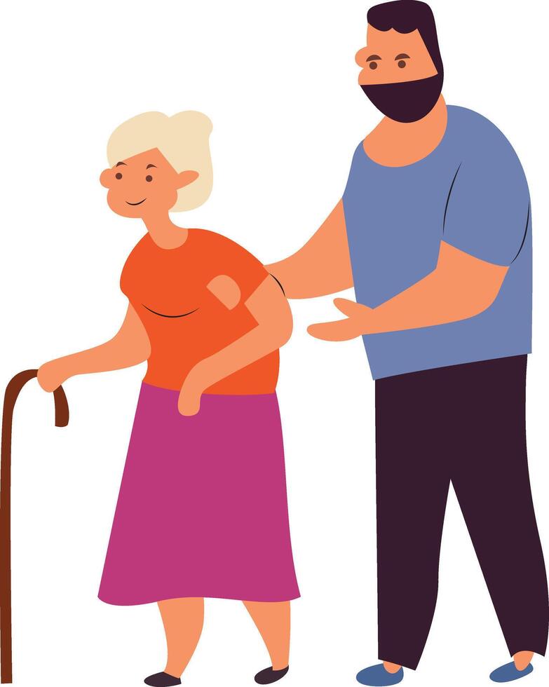 An elderly woman is walking with a man in a mask vector