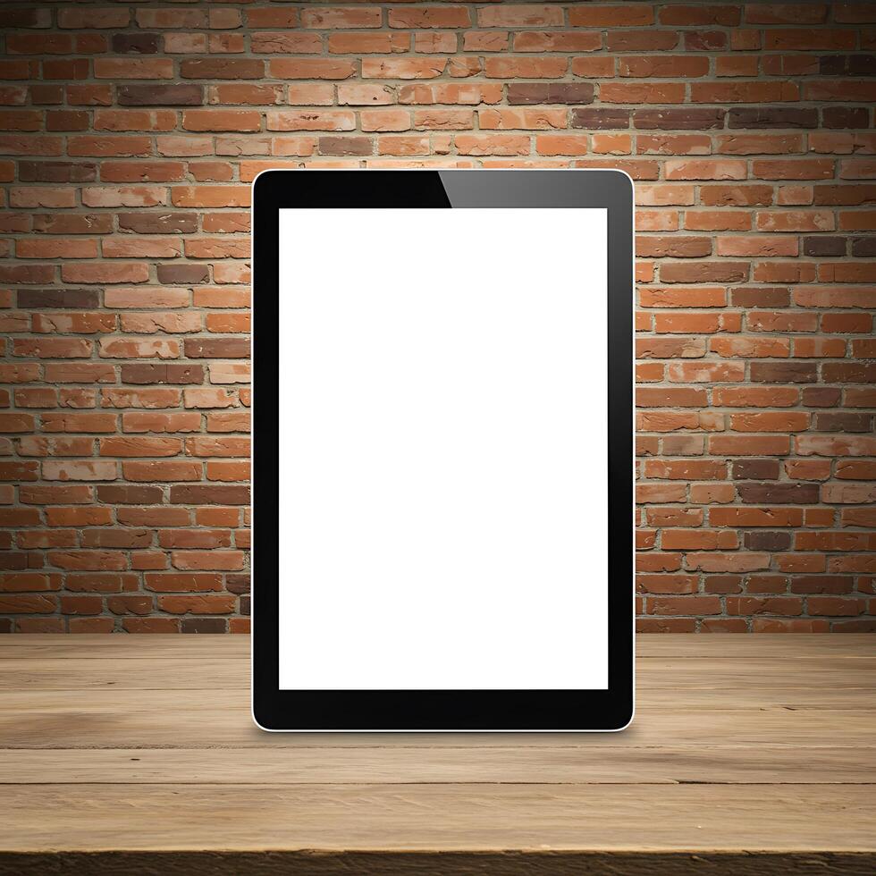 Tablet pc with blank screen on wooden table with brick wall background photo