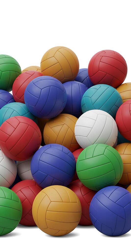 A pile of colorful volleyball balls on a white background photo