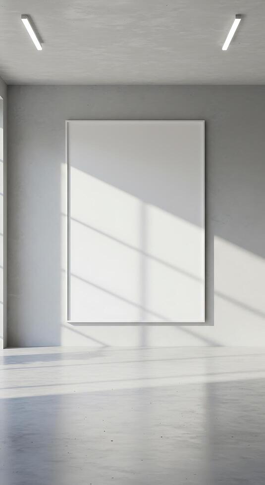 Empty room with a large blank canvas on the wall photo