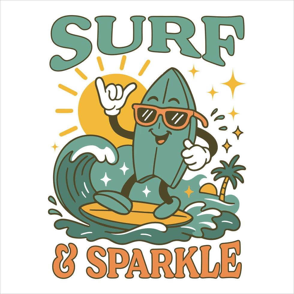 Surf Sparkle Summer Tee Shirt Design Sublimation, Summer Vibes Illustration, Summer Vacation Graphics vector