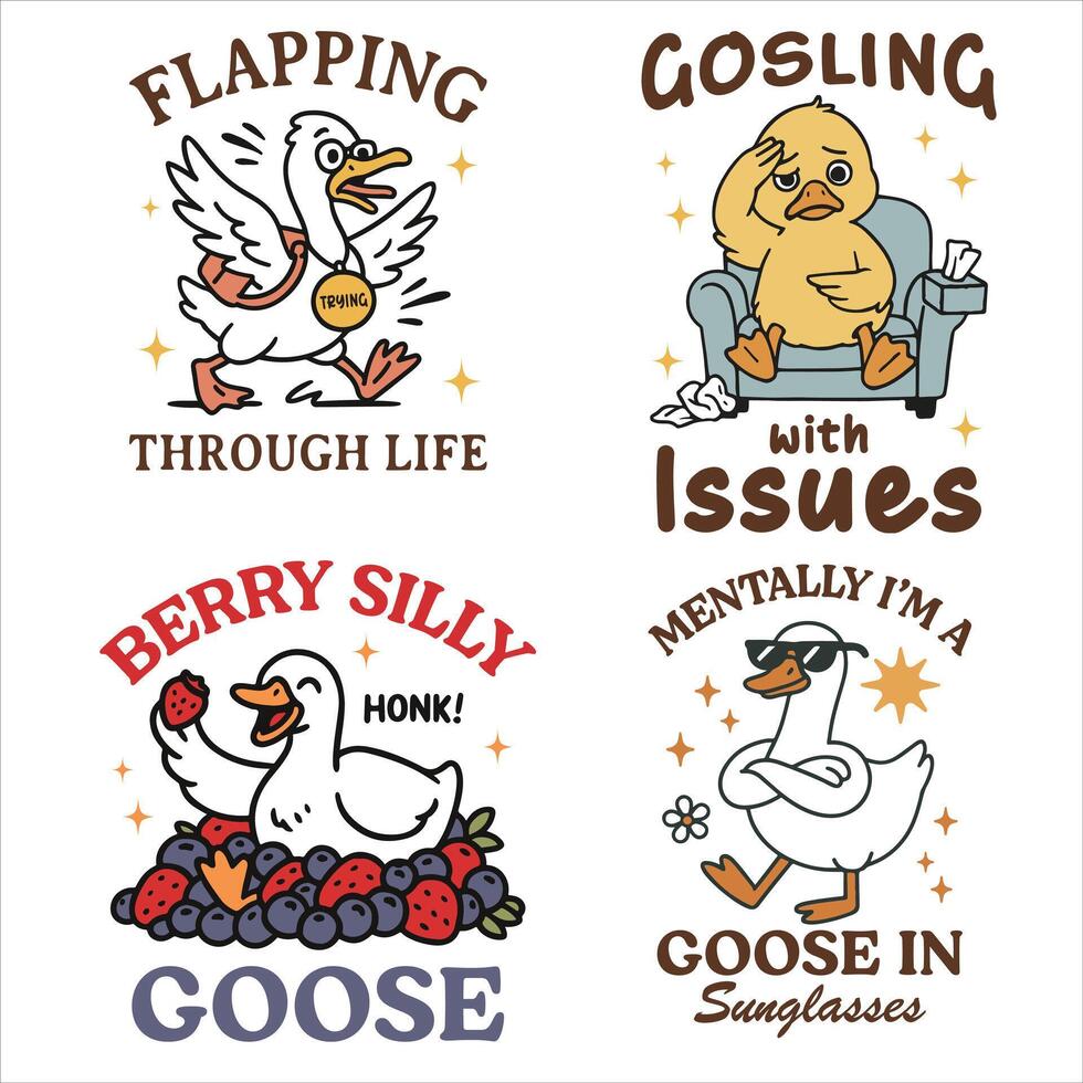 Set Of Trendy Cute Silly Goose, Funny Silly Goose Illustration, Silly Goose Animal T Shirt Design Sublimation vector