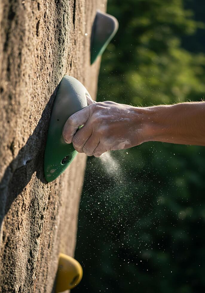A person is climbing a rock wall with their hand photo