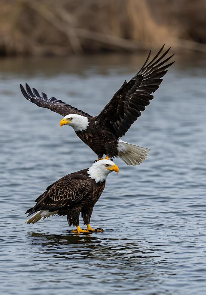 Two bald eagles standing on top of each other photo