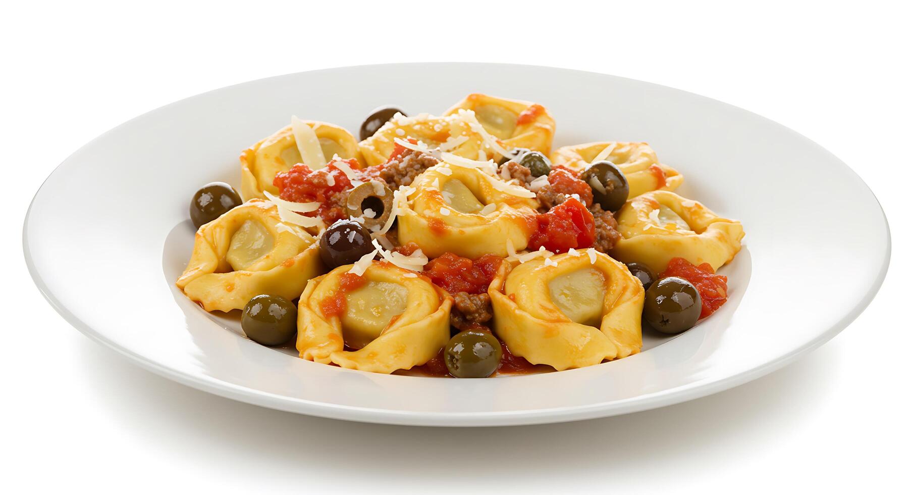 A plate of tortellini with olives and cheese photo