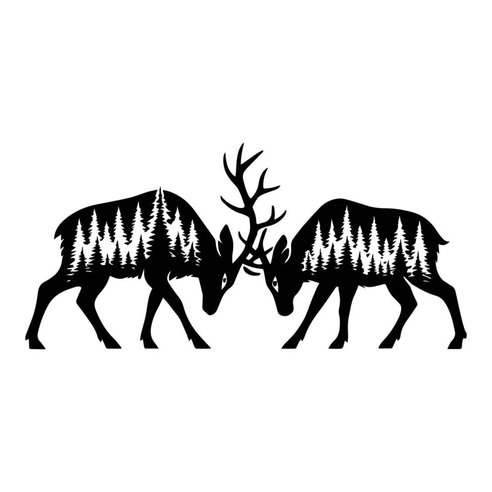 Deer Fitting Forest Nature Art, Animal Forest Scene Illustration, Jungle Animals Silhouette Sublimation Design vector