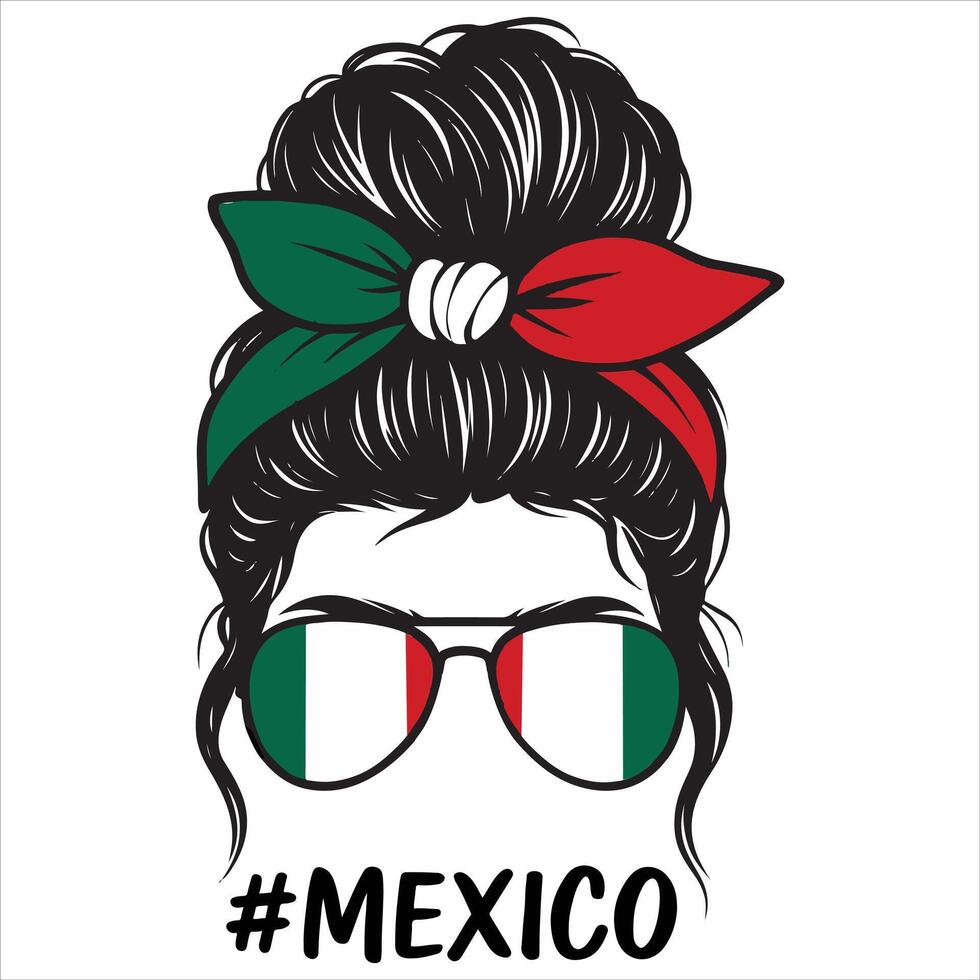 Mexico Mom Messy Bun Illustration, Mama Messy Bun Hairband Clipart, Mexico Flag Messy Bun Design For Mom vector