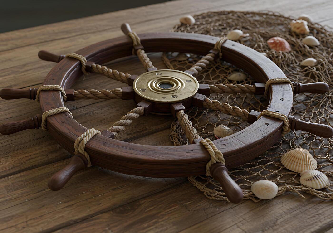 A wooden steering wheel with ropes and seashells photo