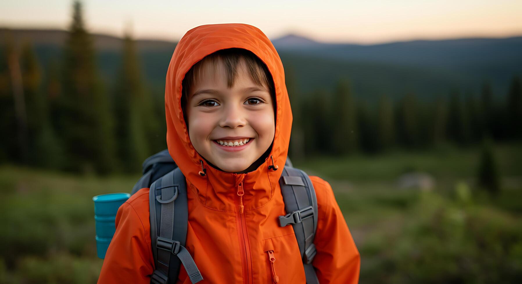 A young boy in an orange jacket and backpack smiles photo