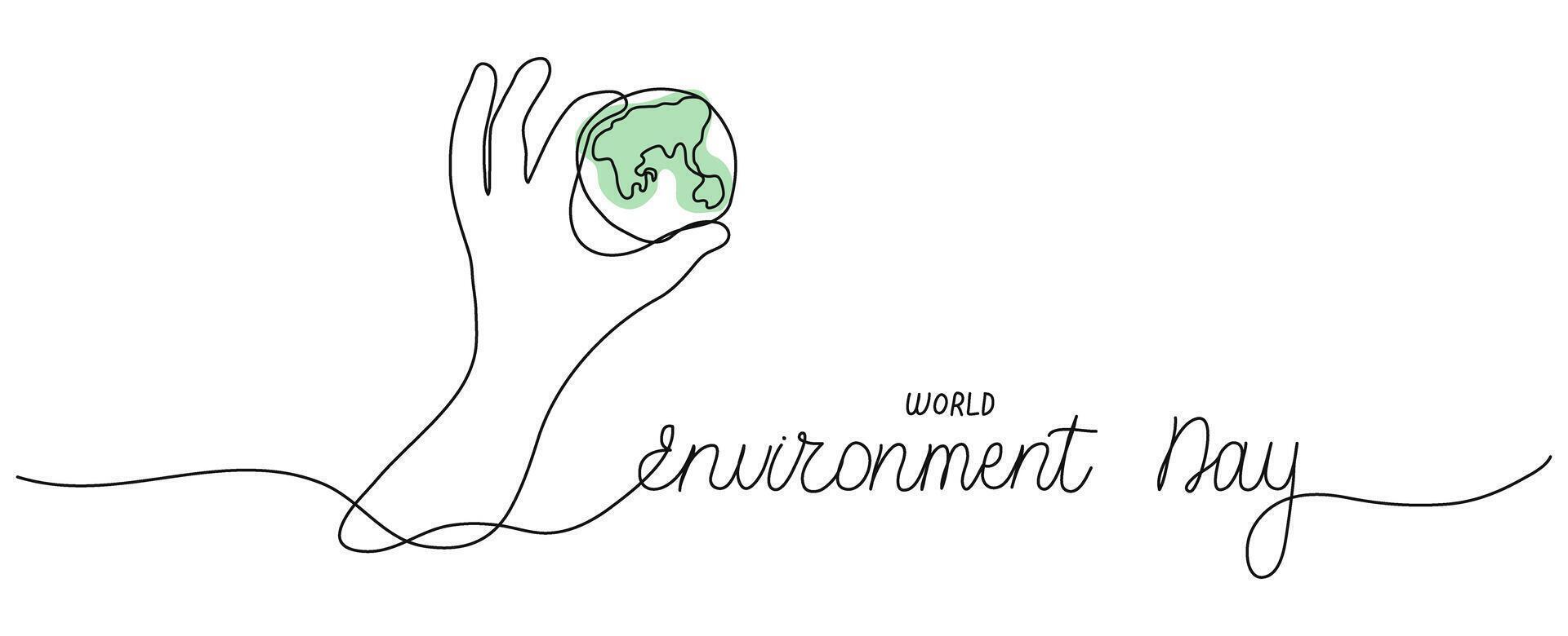 World Environment Day one line hand with the earth and handwritten lettering. Text banner template. Words phrase on white background. Quote with editable stroke. Outline script vector