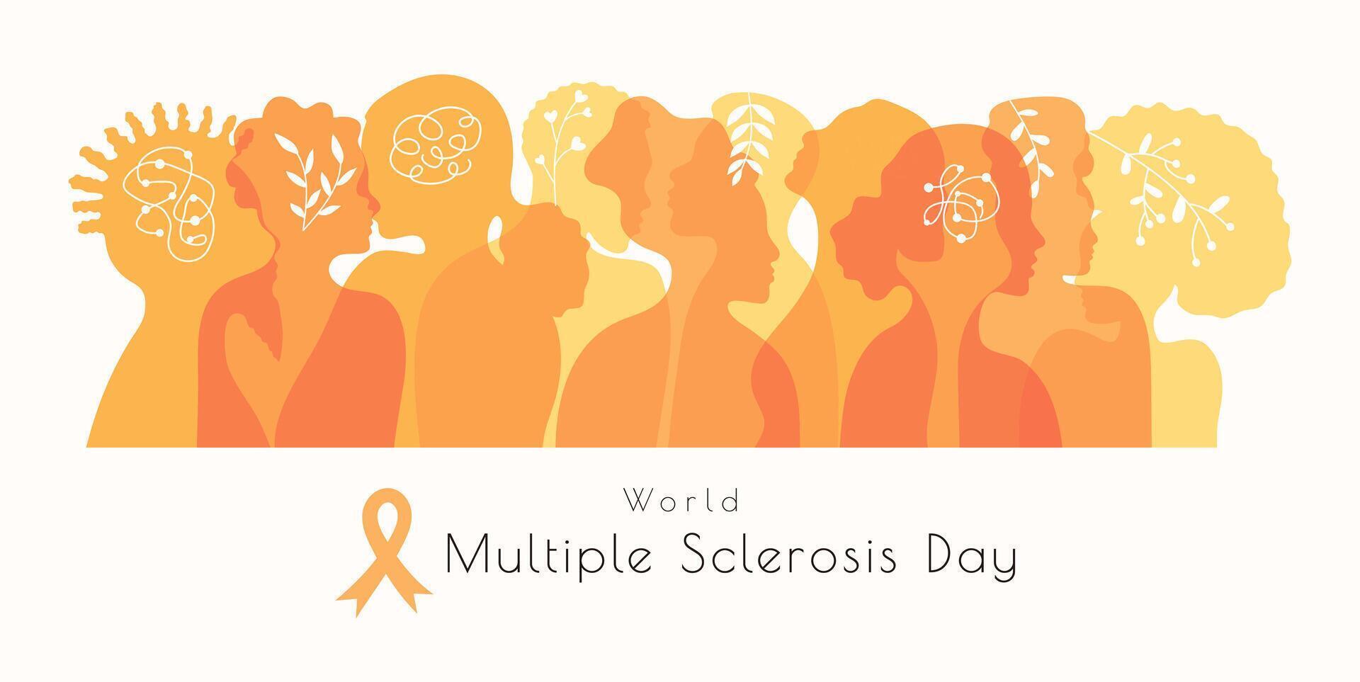 World Multiple Sclerosis Day banner template. Ribbon and silhouettes of people head. Treatment and prevention. Medicine and health concept with ribbon in flat style. vector