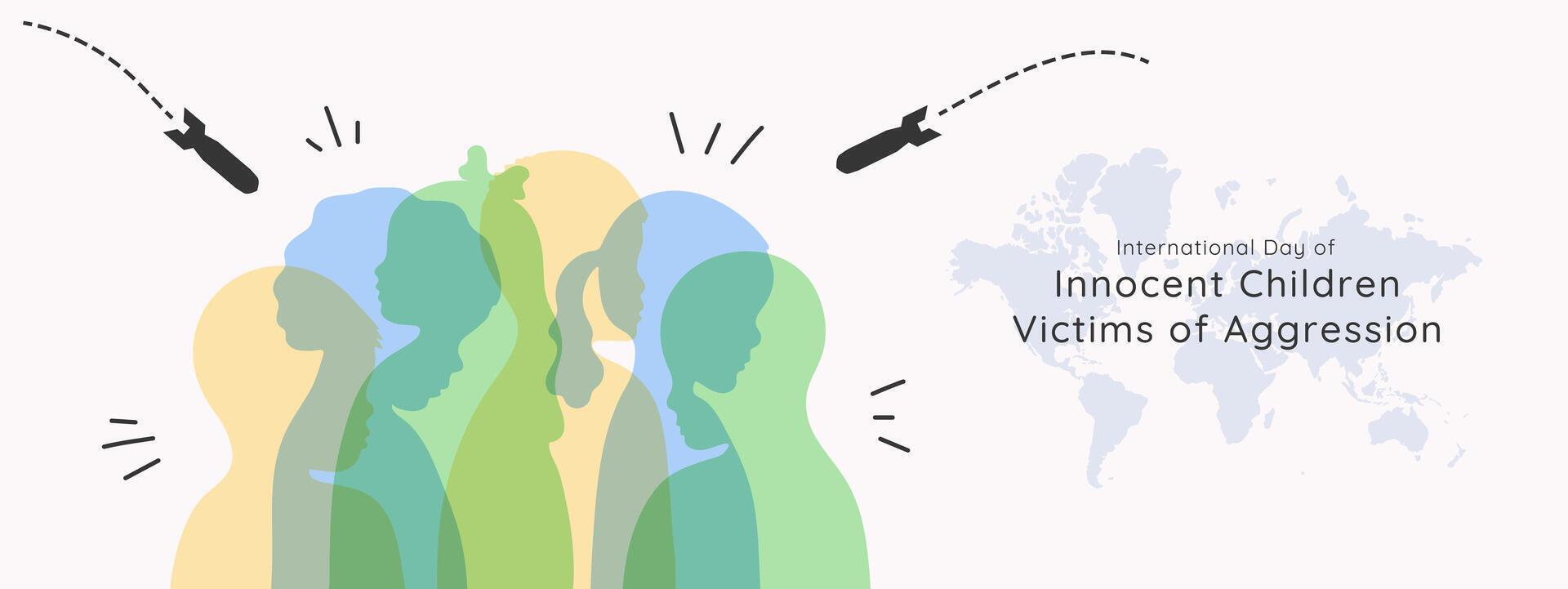 International Day of Innocent Children Victims of Aggression. Template for background, banner, card, poster. Minimalist illustration in flat style with silhouettes of boys and girls and a world map. vector