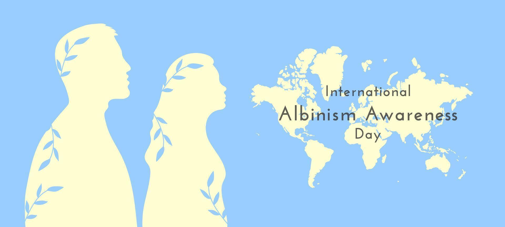 International Albinism awareness day banner template on June 13. White silhouettes of a man and a woman. vector