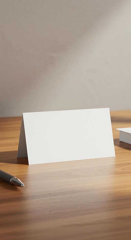 A blank card on a wooden table photo