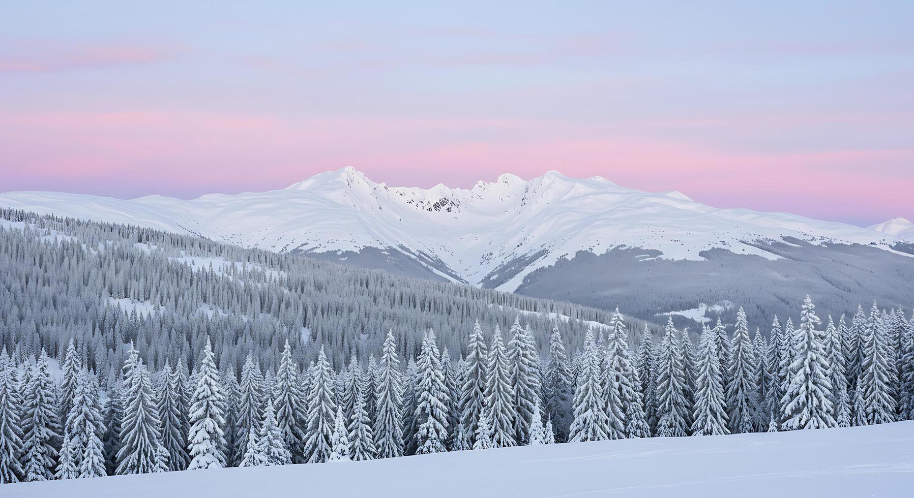 A snowy mountain range with trees and snow photo