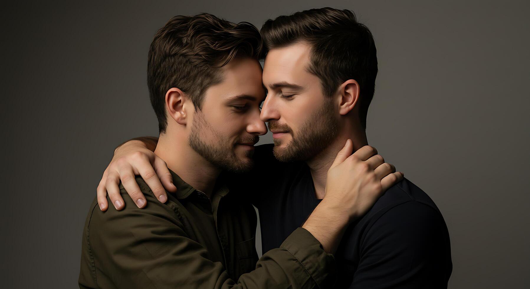 Two men embrace each other in a studio photo