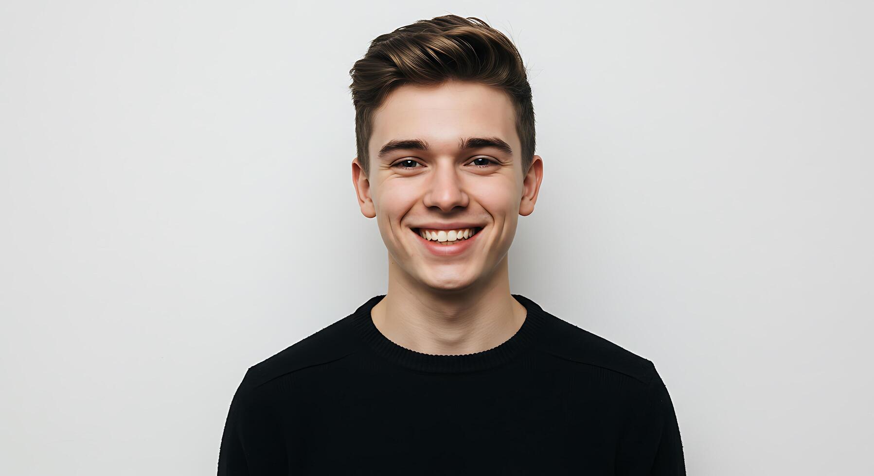 A young man smiling in front of a white background photo