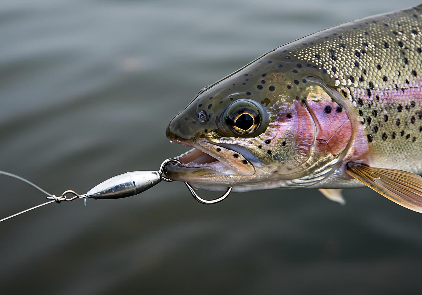 A rainbow trout with a hook in its mouth photo
