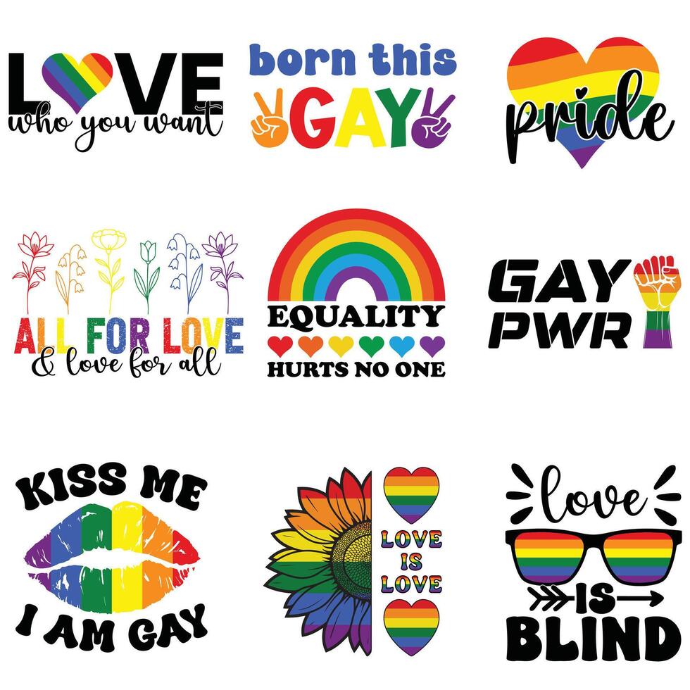 Gay Pride Typography T-shirt Design, Lesbian Lgbt Rainbow Illustration, Trendy Gay Festival Shirt Bundle vector