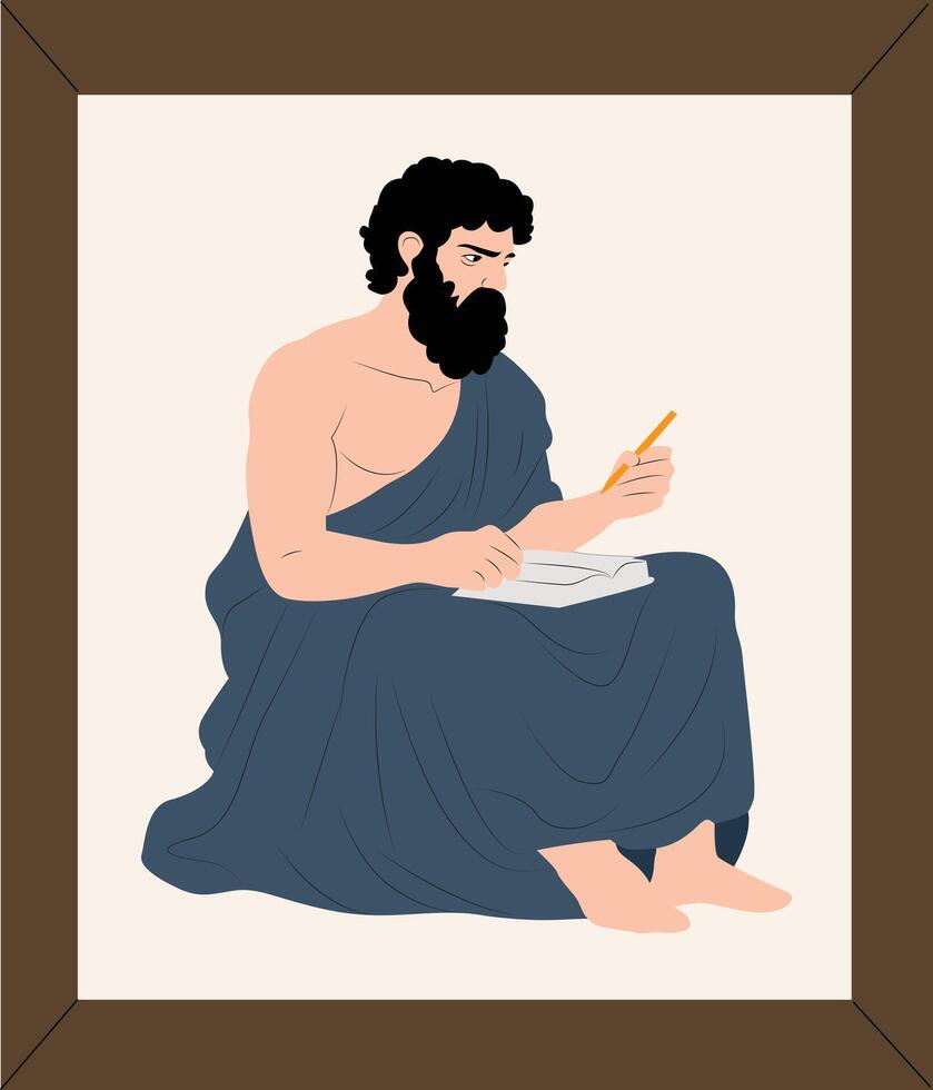 Eudoxus of Cnidus thinking and writing hand drawn vector