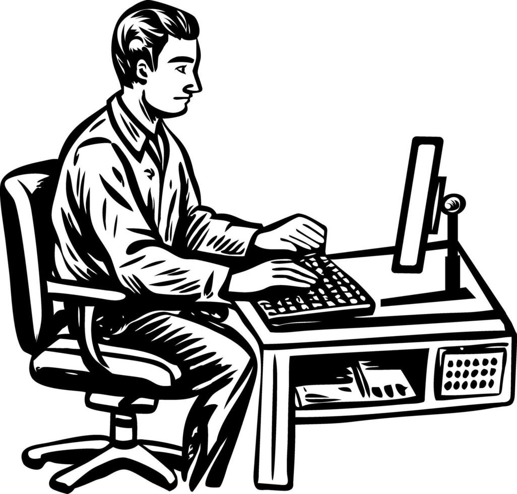 A sketchy style illustration of an office employee working on a system vector