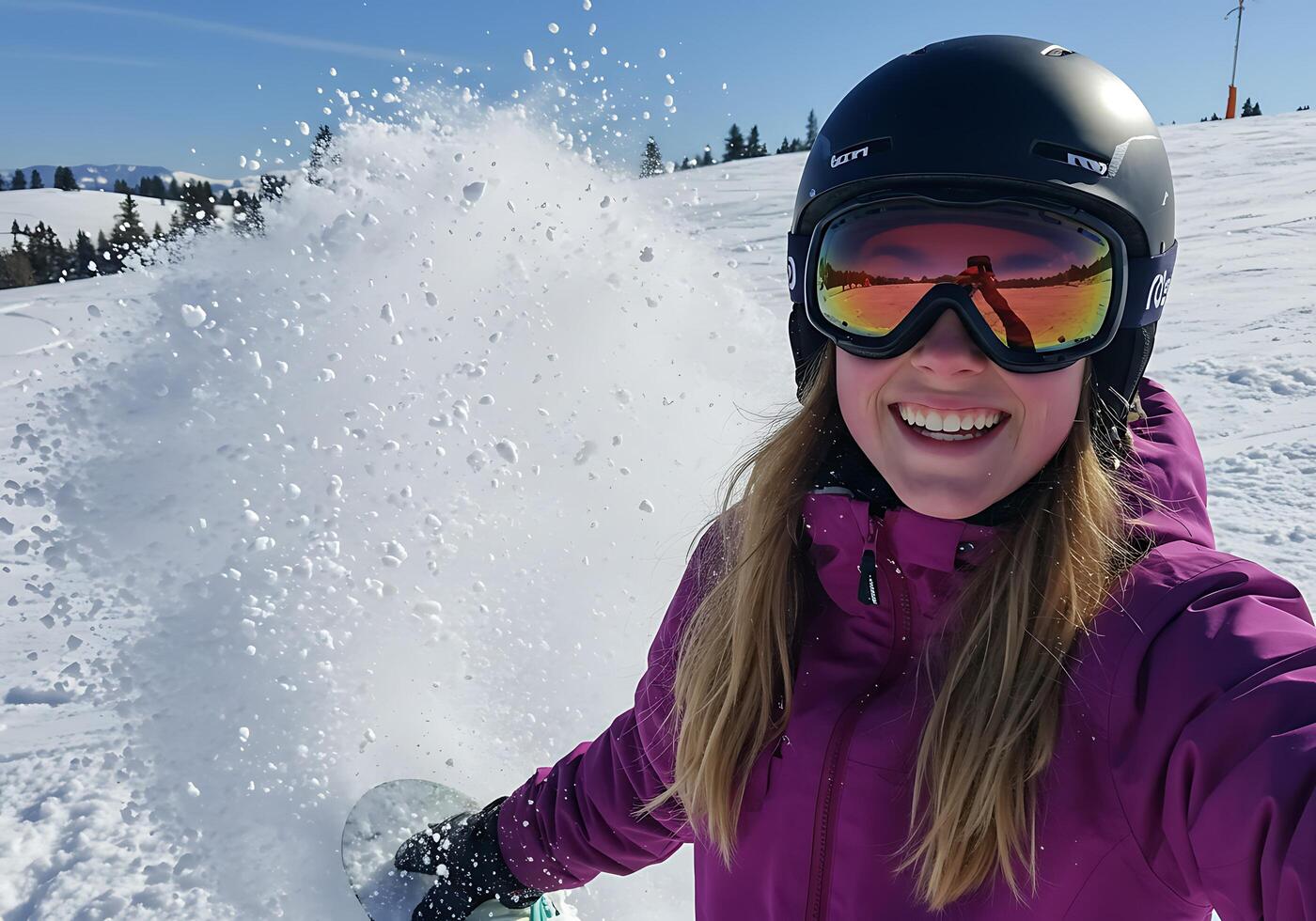 A woman wearing a helmet and goggles on a snowboard photo