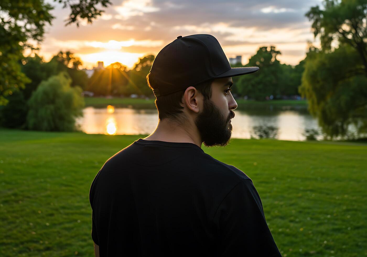 A man with a beard and hat standing in front of a lake photo