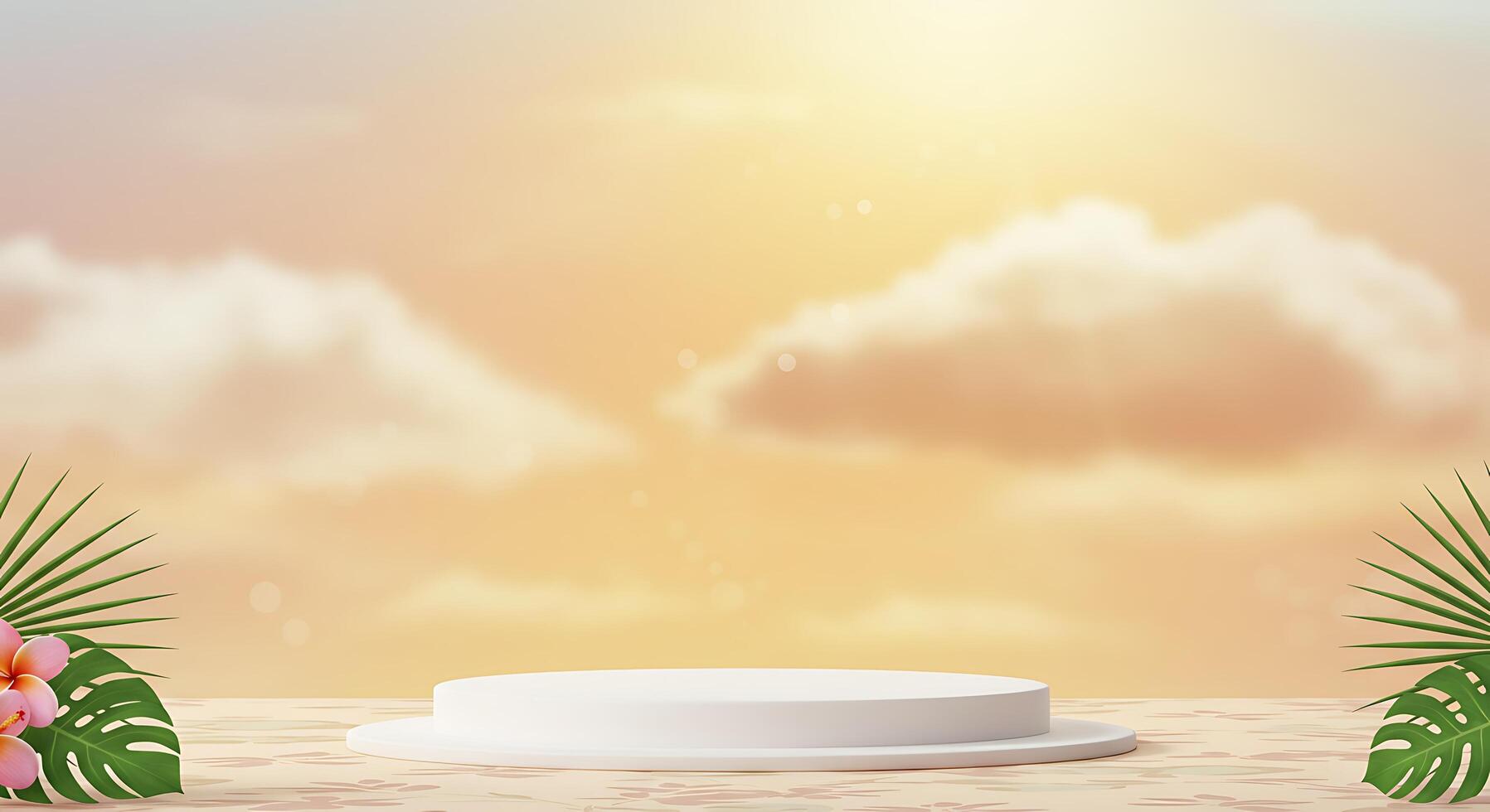 An empty pedestal with flowers and palm leaves photo