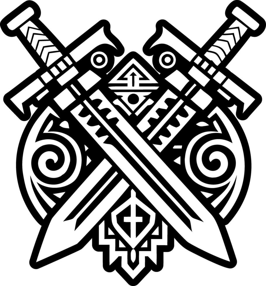 Two crossed swords with a tribal design on the side vector
