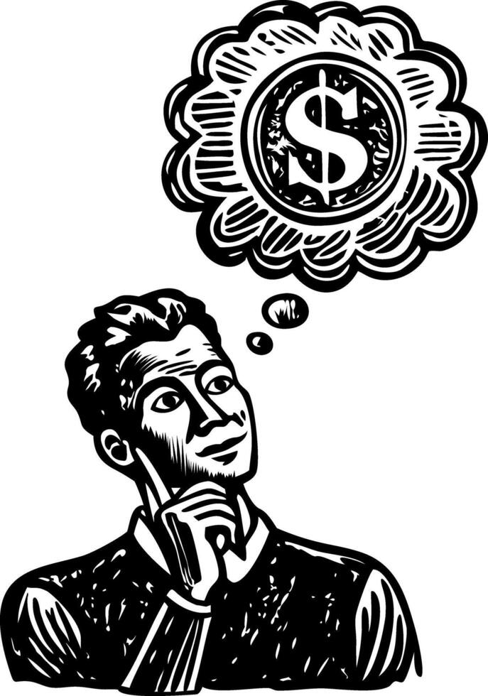 An entrepreneur thinking about money, vintage illustration vector