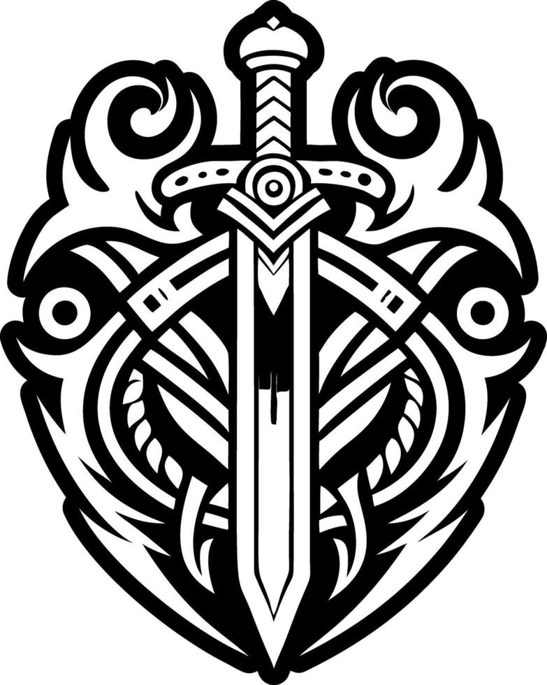 A black and white tattoo design with a sword and a heart vector