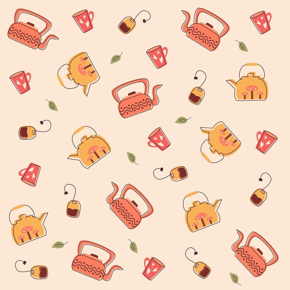 cute autumn teapots for delicious tea and bags of black and green tea for a warm evening vector