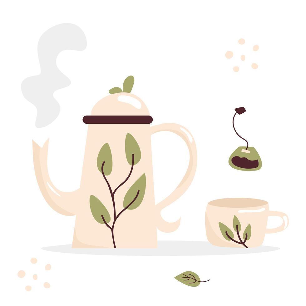 Ceramic Teapot and Tea Cup with Teabag Illustration - Warm Beverage with Steam Design vector