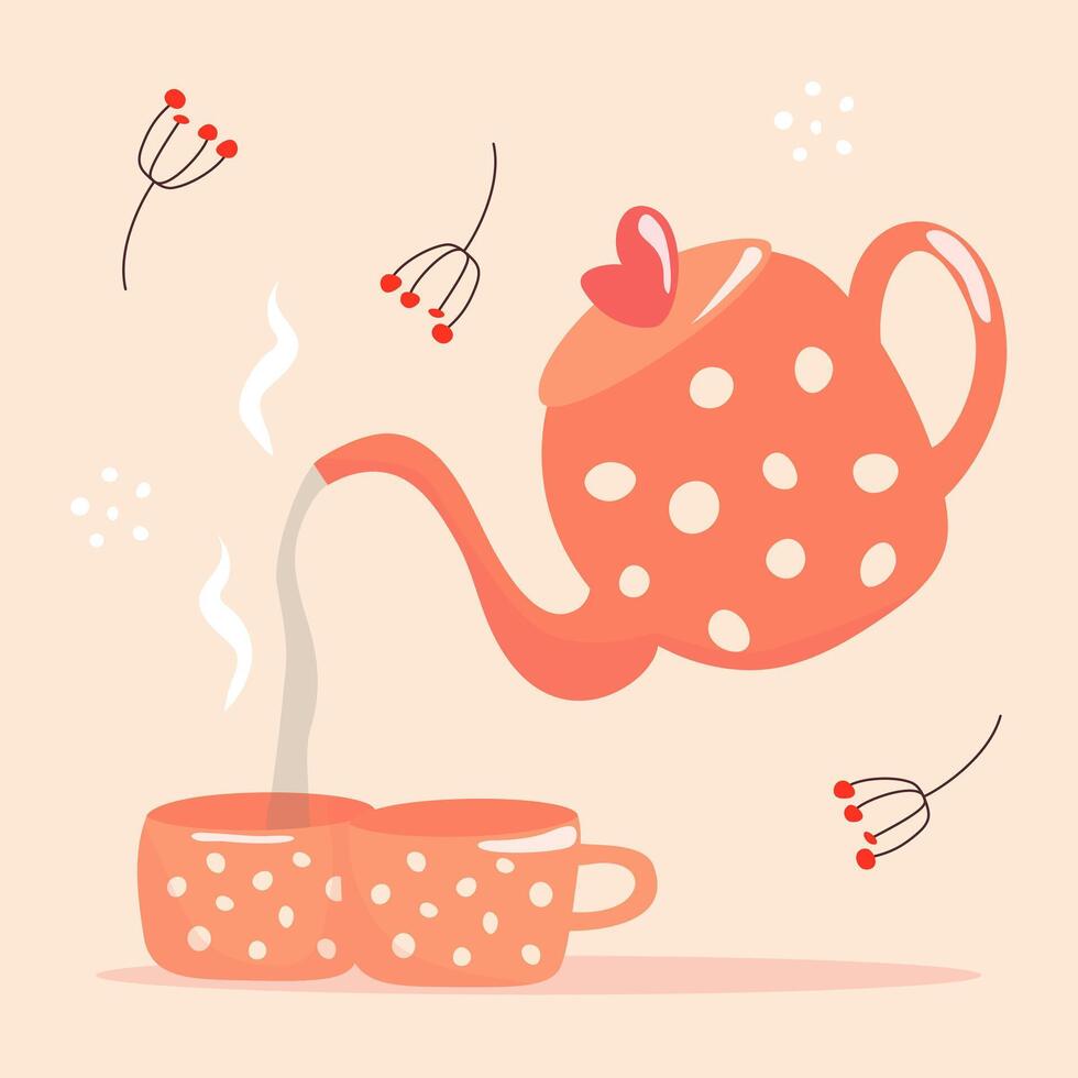 Teapot and Cups Illustration - Hot Tea with Steam, Perfect for Designs and Decor vector