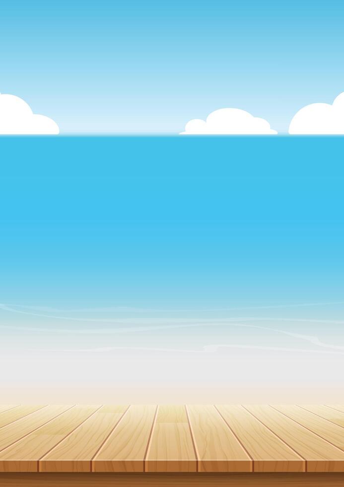 summer background blue sky with sea and wood for product display montages. vector