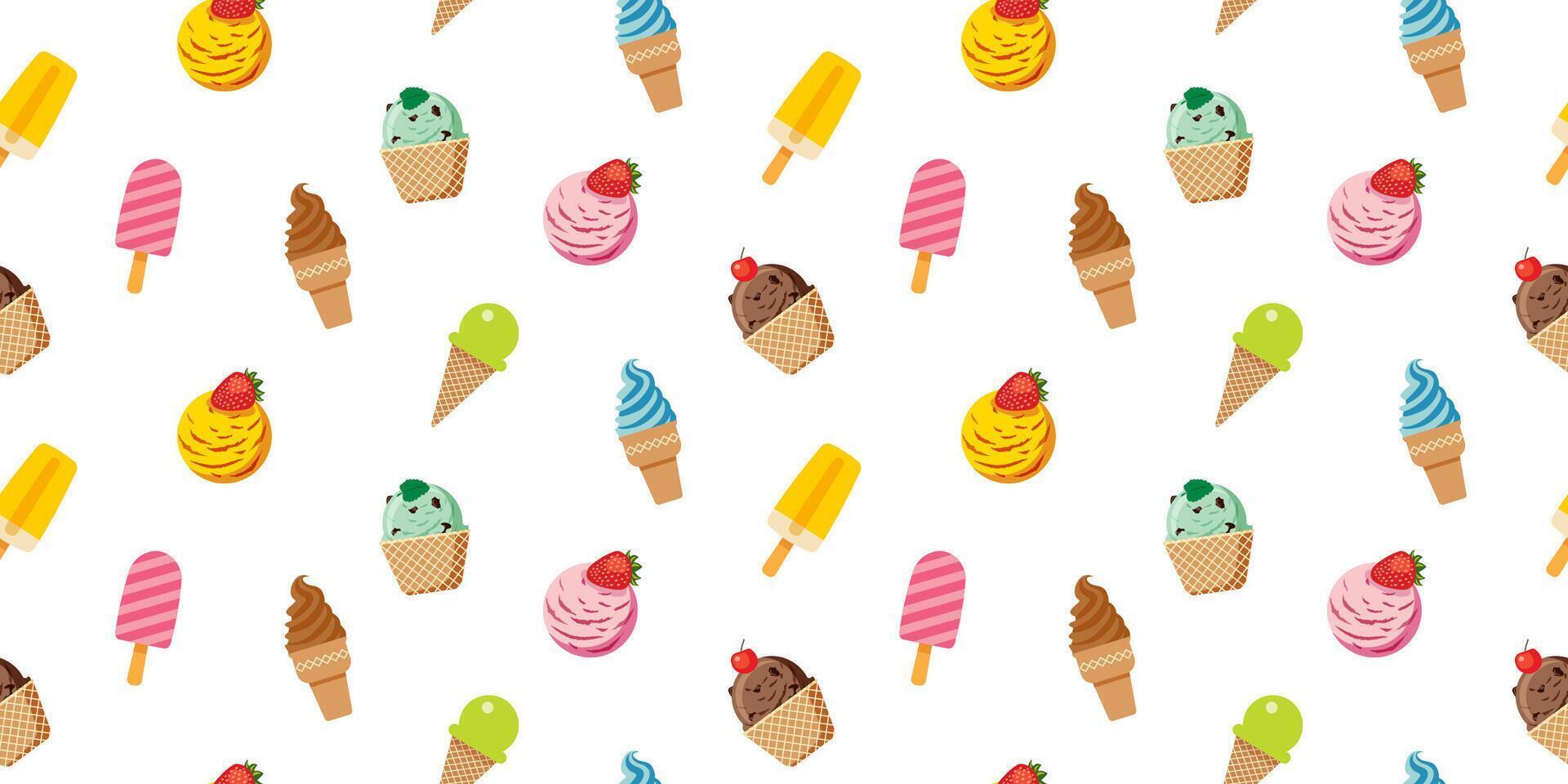 Ice cream with various flavors in a pattern seamless background for summer. vector