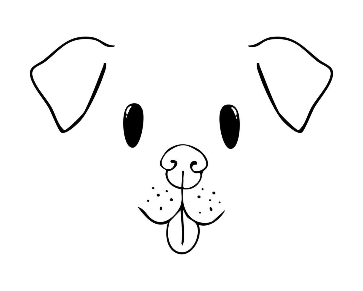 Cute animal face, dog puppy pet comic doodle with expressions. Set heads with delicious lick tongue, mouth, adorable emotions. Comic cartoon or kawaii pet vector