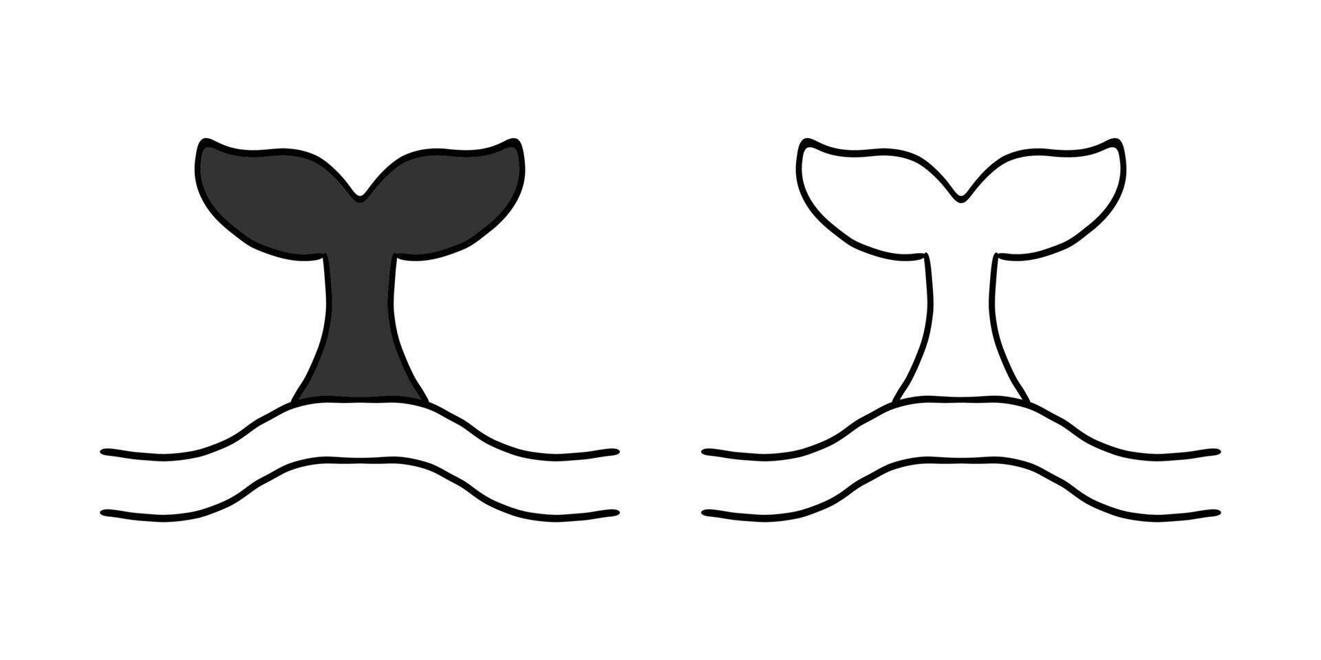 Whale Tale Icon ocean animal, mammal tail line sketch. Vintage simple silhouette with waves. Minimalistic simple tattoo drawing. vector