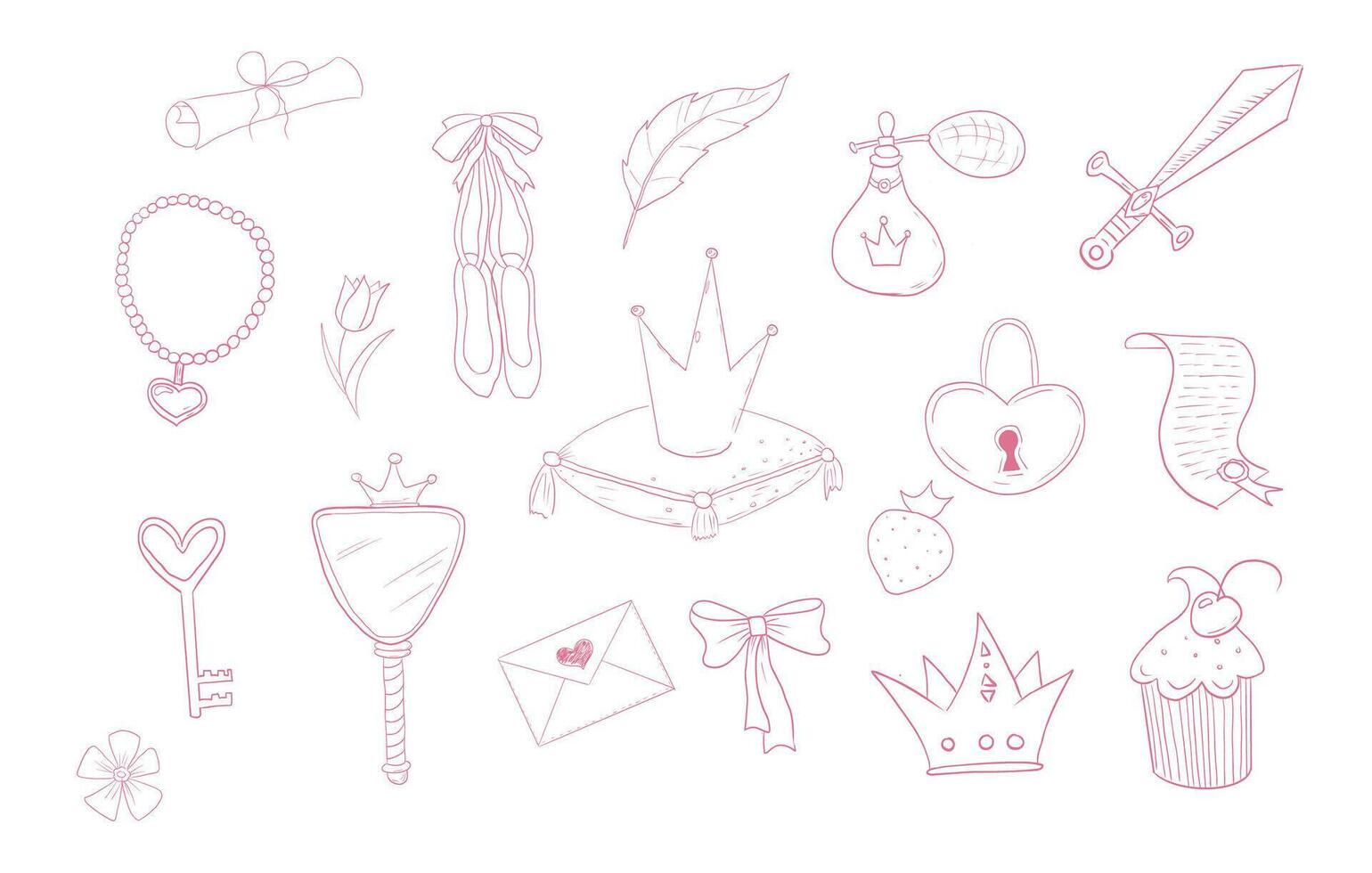 Princess set cute hand drawn sketch. Girl magic fairy mirror, pageant, crown, fairytale fantasy. Royal accessory. Letter and key. vector