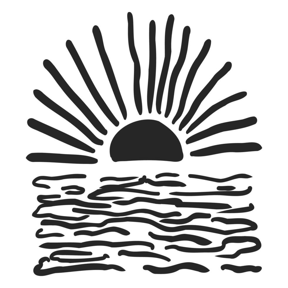 Hand drawn groovy sunset with waves hand drawn. Coastal relaxed retro minimal print. Boho silhouette sun tropical. vector
