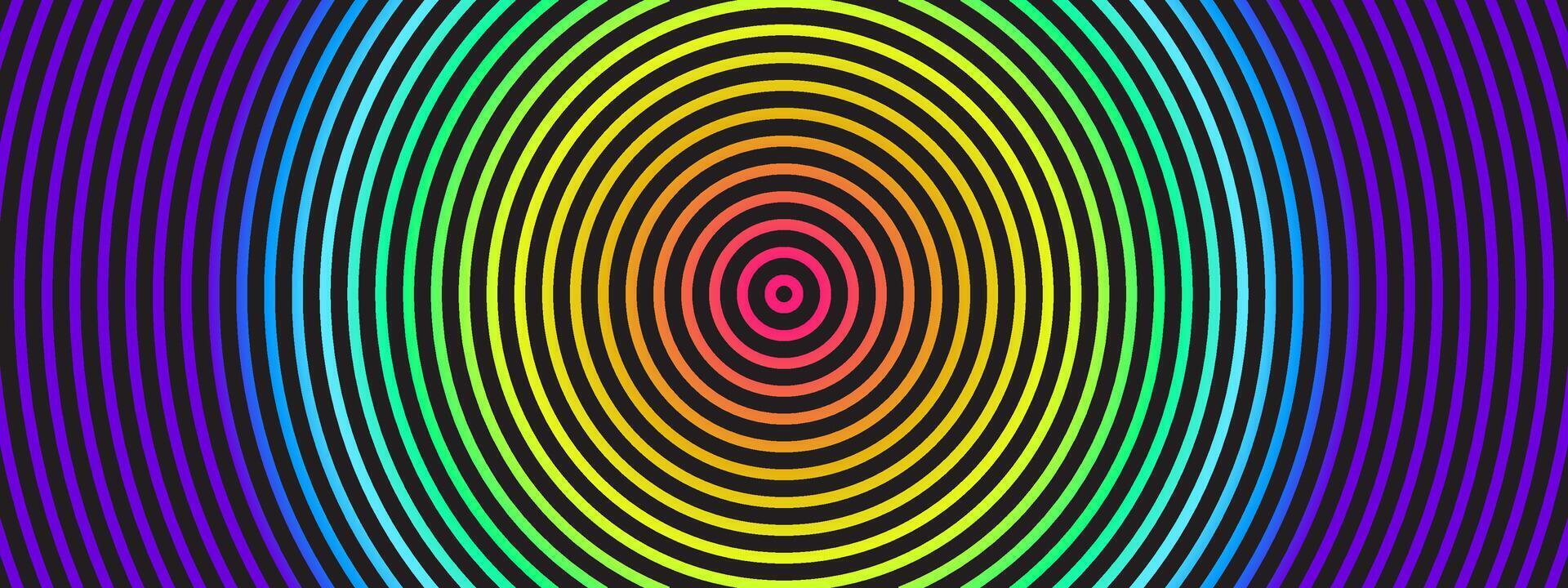 Colorful concentric circles forming a vibrant spiral. Rainbow pattern creates a hypnotic radial effect on dark background. Abstract illustration with gradient hues. vector