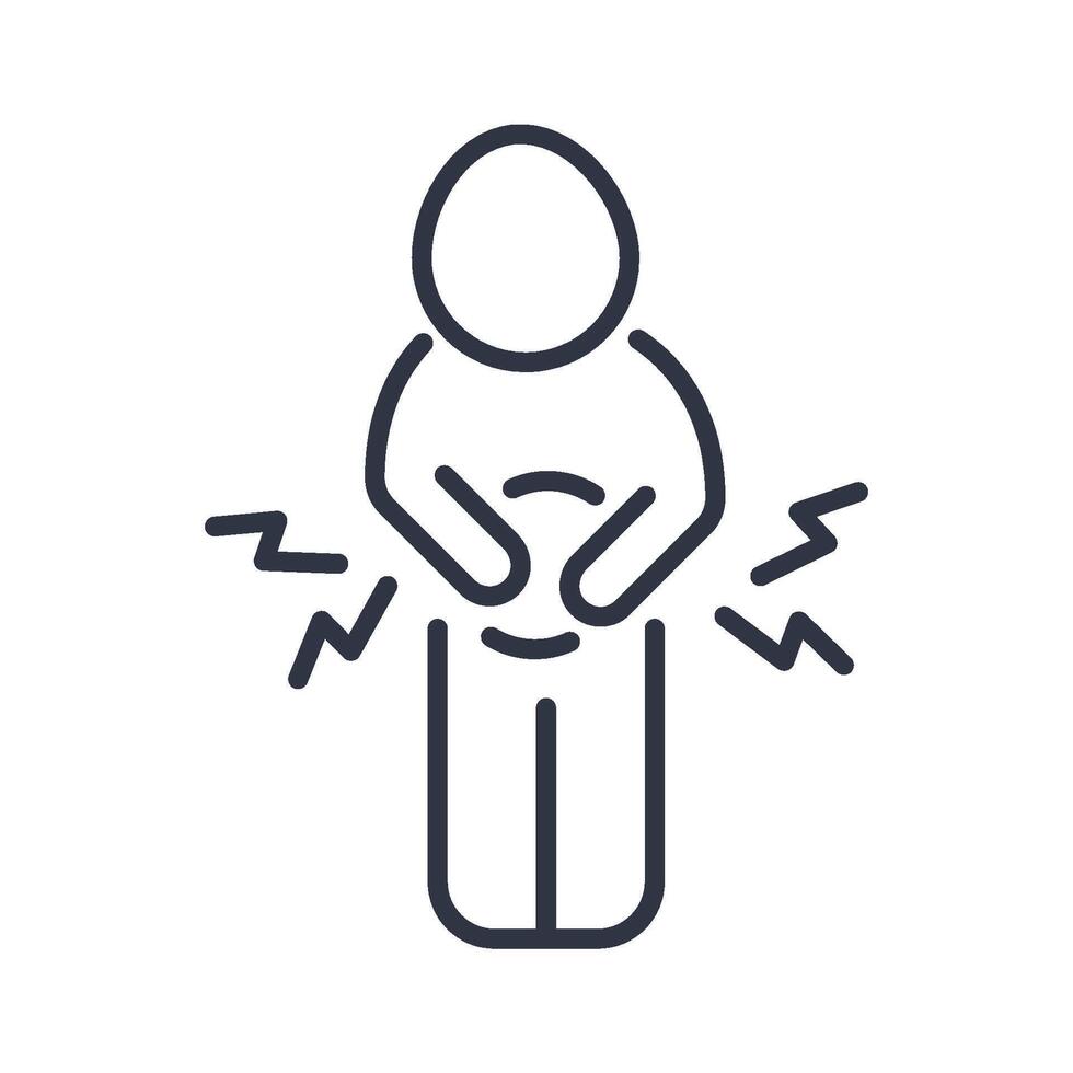 A line icon shows a person holding their stomach with radiating pain symbols. Represents stomach ache and abdominal discomfort. vector