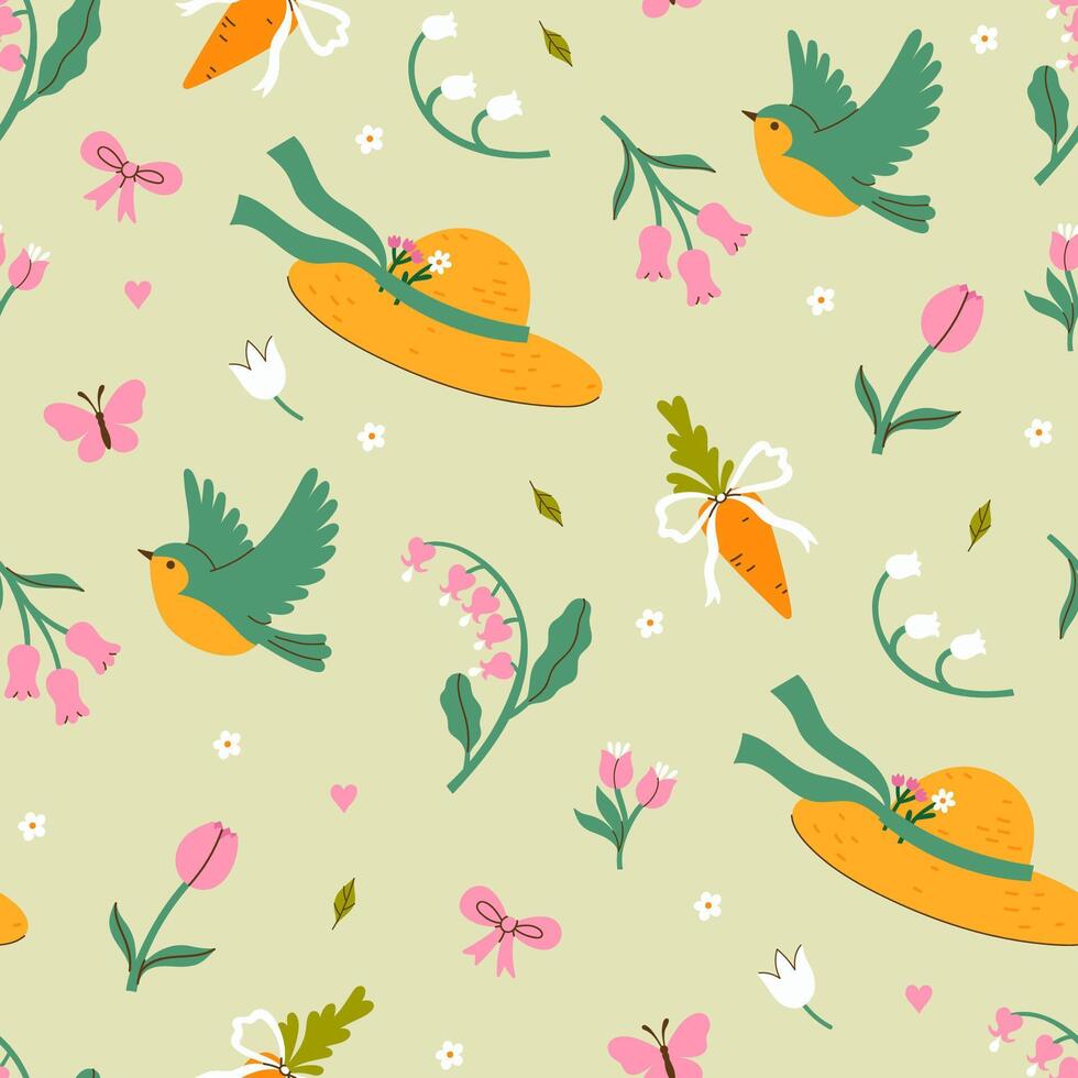 Garden spring seamless pattern with hats, birds and flowers. graphics vector