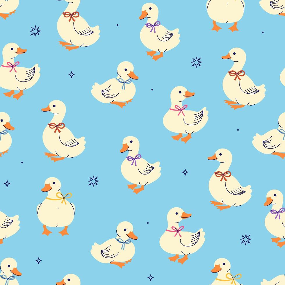 Seamless pattern with cute white ducks with bows on their necks on a blue background. graphics vector