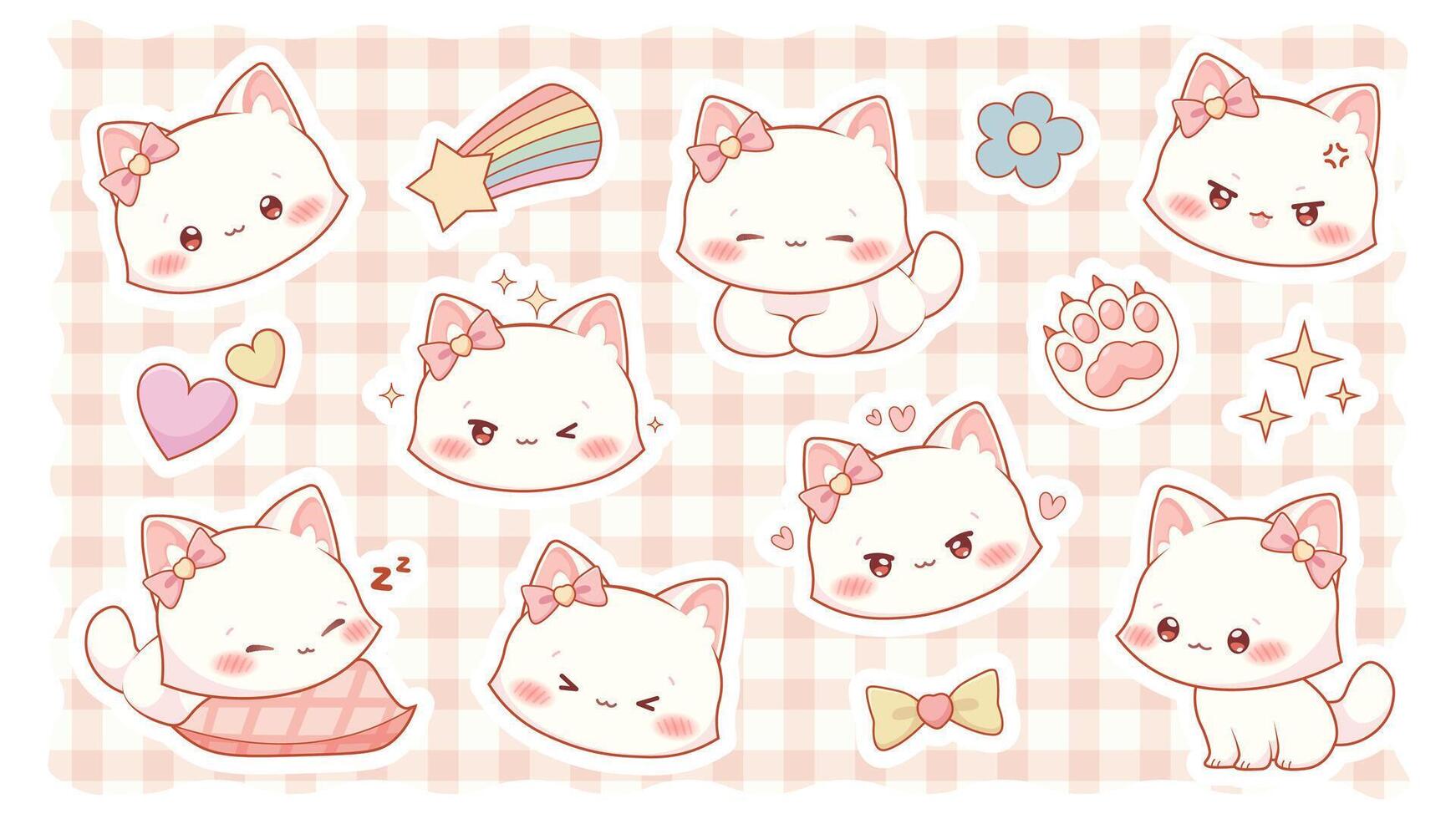 Set of kawaii white cat in various poses. Cute white kitten
