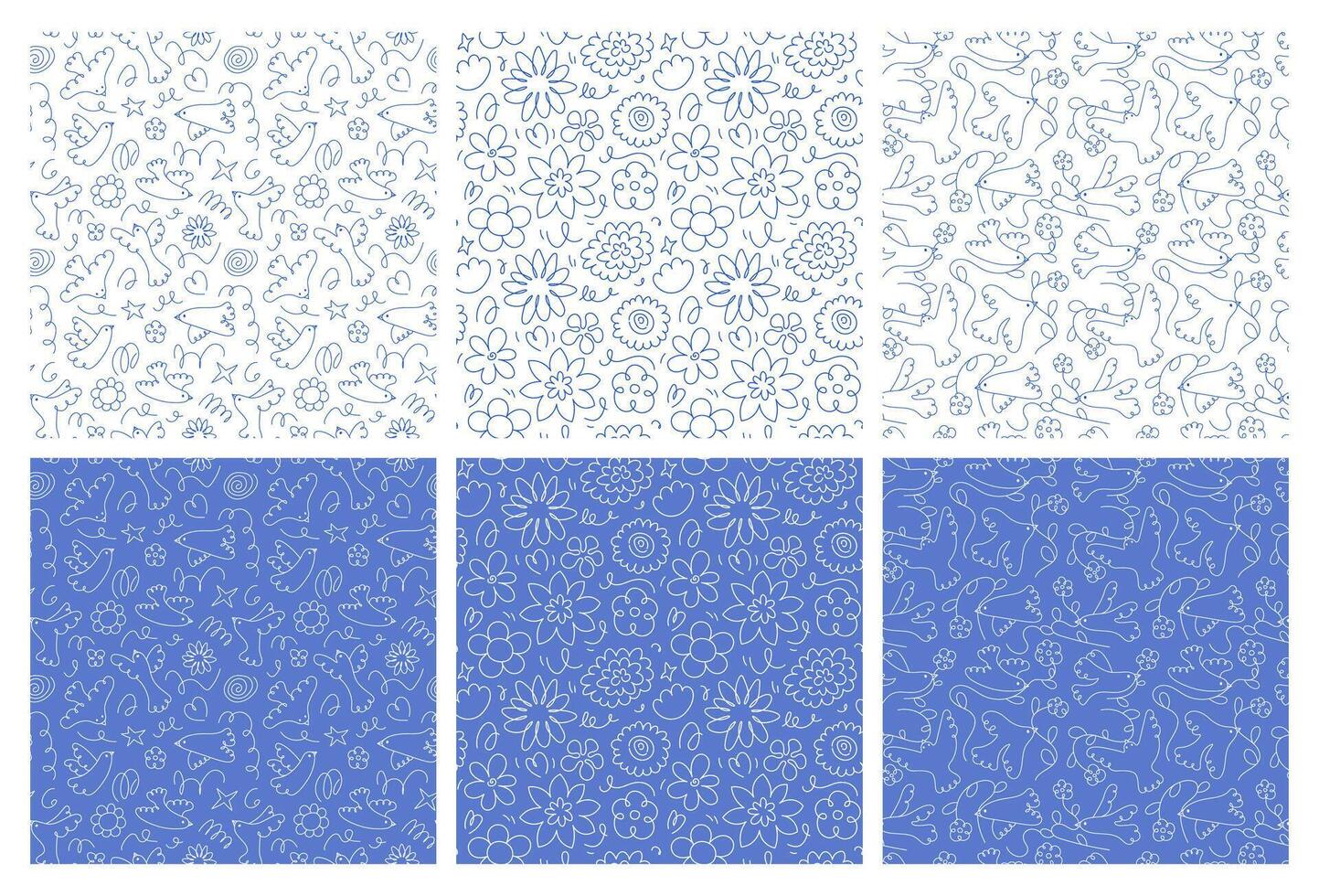 Seamless Pattern Doodle Birds and Flowers. Spring, summer ornament. Pen doodles in white and blue colors vector