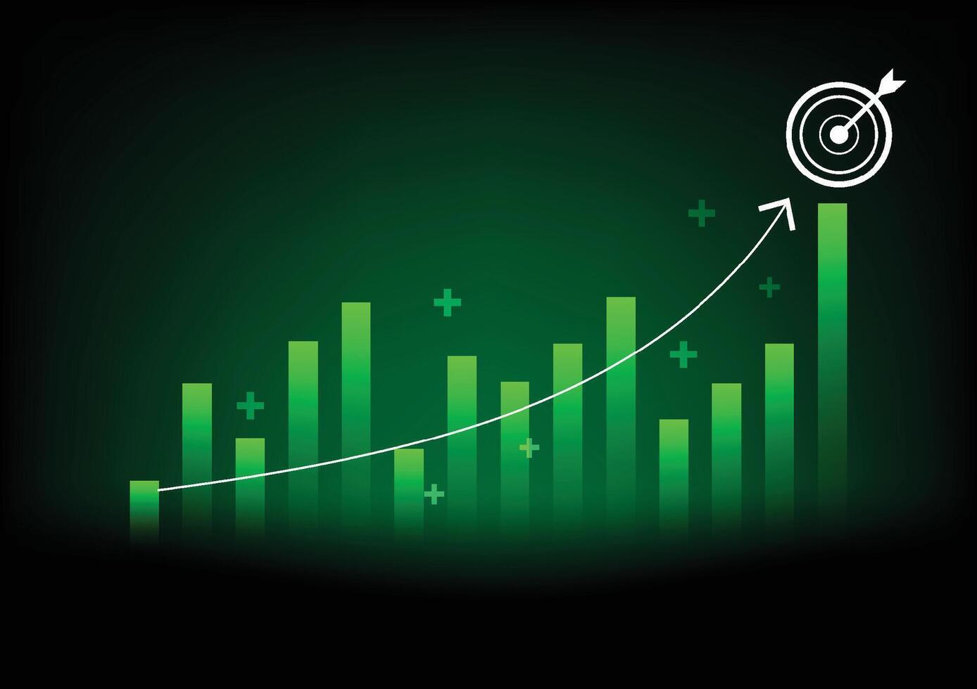 Stock and investment concept. A bar and line graph on a dark green background with a target goal. Bullish market, profit of wealth, high risk high return, business growth up. vector