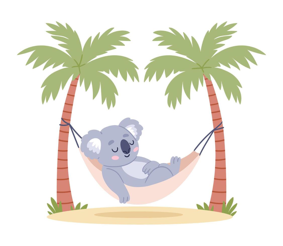 Cute cartoon koala peacefully sleeping in a hammock tied between two palm vector
