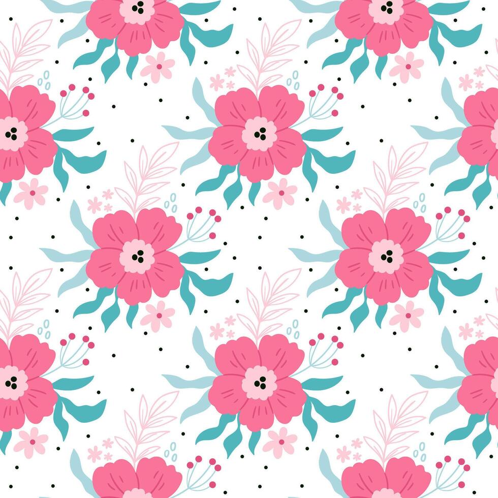 Seamless floral pattern with bold pink flowers, teal and blush leaves, vector